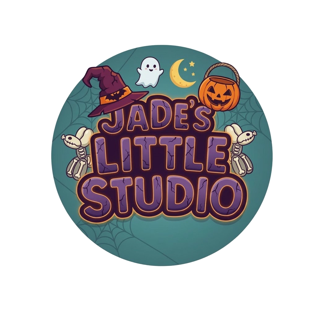 Jade’s Little Studio Halloween logo, with a ghost, witch hat, pumpkin and balloon dogs